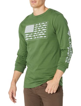 Columbia Mens Long Sleeve Tee Shirt Outdoors Fishing Camping Hiking T, Moss with Cirrus Grey, S