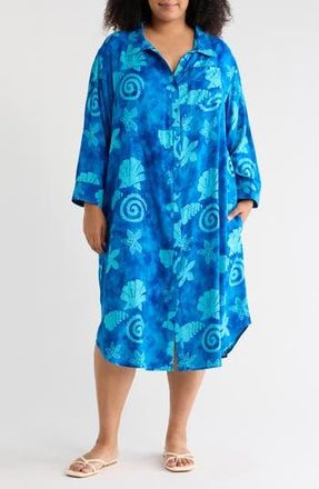 Boho Me Tropical Long Sleeve Shirtdress in Blue at Nordstrom Rack, Size 3X