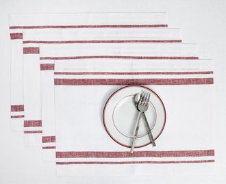 Solino Home Linen Placemats Set of 4, 14 x 19 Inch for Dining Table, Holiday and Everyday Table Decor - French Stripe in Burgundy And White at