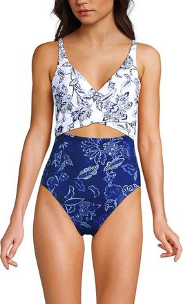 Lands End Wrap Monokini High Leg One Piece Swimsuit in White/blue Vintage Floral Mix at Nordstrom, Size 18P