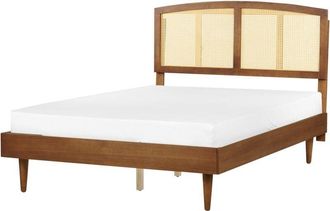 Beliani Modern eu Double Size Bed Frame 4ft6 Slatted Base Headboard Light Rubber Wood Varzy