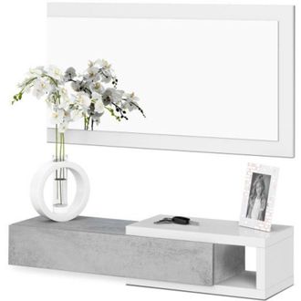 No Brand No Brand - Mueble Recibidor Noon Estilo Industrial En Color Blanco Y Cemento Con Espejo Y Peque&ntilde;o Hueco 95x19x26 Cm