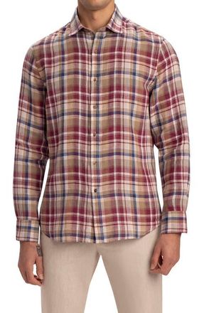 Bugatchi Shaped Fit Plaid Linen Button-Up Shirt in Caramel at Nordstrom, Size Large