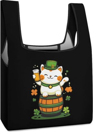 Generic Cat St Day And Patricks Shamrock Clovers Reusable Shopping Bags Lightweight Foldable Grocery Bag Polyester Washable Tote Bag