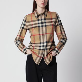 Burberry Slim-fit cotton twill check shirt in archive beige