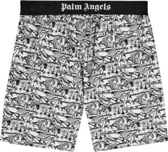 Palm Angels Grafische Print Shorts Zwart Wit - Heren - Bermuda - Zwart - XL - Katoen - Korte Broeken