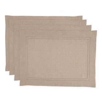 Solino Home Linen Placemats Set of 4, 14 x 19 Inch for Dining Table, Holiday and Everyday Table Decor - Linen Double Hemstitch in Natural at