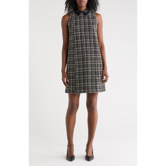 Calvin Klein Faux Leather Collared Tweed Shift Dress in Black Multi at Nordstrom Rack, Size 14