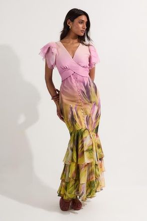 Karen Millen Button Through Ruffle Sleeve Maxi Dress in Lilac at Nordstrom, Size 10