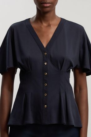 Karen Millen Womens Jersey V Neck Button Detail T - Shirt - Navy Cotton - Size X-Small