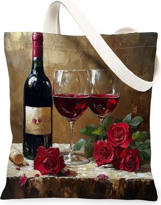 Generic Canvas Tote Bag for Shopping 13x15, Romantic Love Rose Reusable Grocery Print Bag for Women, Fun Holiday Beach Aesthetic Painting Gift Decor