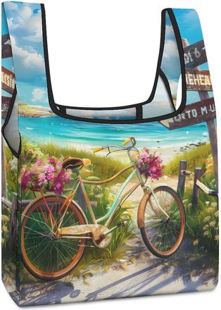 Generic Beach Bicycle Seascape Shopping Bag Reusable Grocery Tote Bag Foldable Handbag for Travel Picnic
