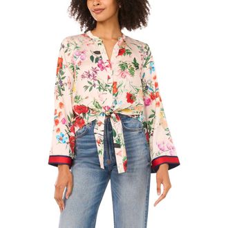 Vince Camuto Tie Front Flare Sleeve Shirt in Ivory Multi at Nordstrom, Size Xx-Small