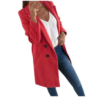 Generic Winter Coats for Women Uk - Womens Lapel Wool Blend Trench Coats Single Breasted Winter Long Overcoat Outwear Casual Pea Coat Plus Size S-5XL,Red,4XL,