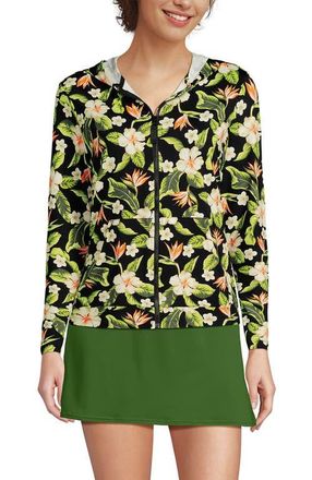 Lands End SunShade UPF 50 Hooded Zip Front Rash Guard in Hibiscus Floral/black at Nordstrom, Size X-Large