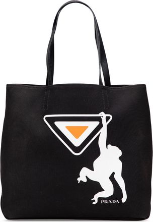 Prada Pre-owned Womens Logo Monkey Graphic Tote - Black Textile - One Size