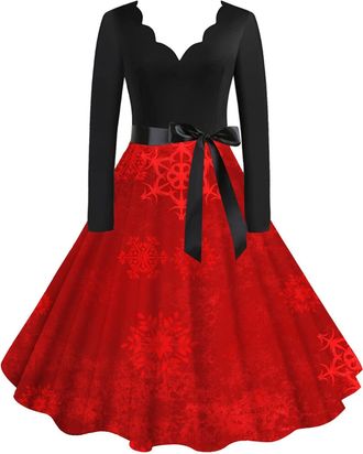 Generic Light Up Christmas Jumper Womens Autumn 2024 Gifts Christmas Womens Classic Tea Dress Long Sleeve V Neck Dress with Belt Swing Party Dresses Vintage D