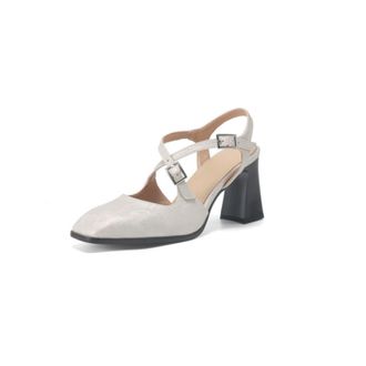 Generic Womens Square Toe Slingback Pumps Chunky Heel Double Ankle Strap Jacquard Fabric Cushioned Insole Comfortable Retro Style Dress Shoes for Daily Wear,W