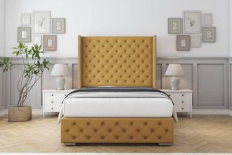 Sloomy Arundel Plush Frame-Mattress - 50 Upholstered Wingback Headboard in Mustard | Size: Single