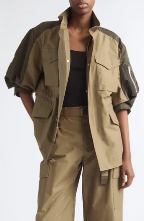 sacai Mixed Media Short Sleeve Jacket in Beige/dark Khaki at Nordstrom, Size 2