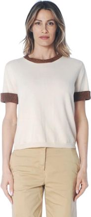 KANGRA Maglia girocollo manica corta con profili in lurex - Dames - Ronde hals truien - Beige - S - Truien & Vesten
