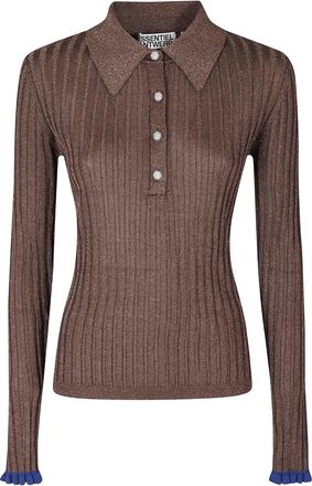 Essentiel Wine Not Metallic Ribbed Rhinestone Fitted Polo Shirt