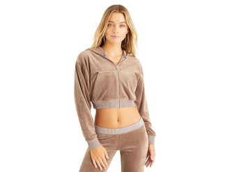 Juicy Couture C Solid Classic Juicy Hoodie with Back Bling Womens Clothing Pewter : LG, Polyester/Spandex