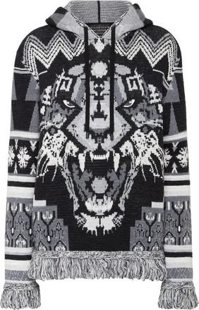 Philipp Plein Wool Hoodie Sweater Fringe Navajo - Dames - Hoodies - Zwart - XS - Wol - Hoodies & sweatvesten
