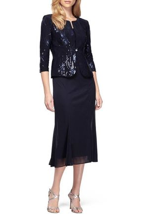 Alex Evenings Sequin Midi Dress with Jacket in Navy at Nordstrom, Size 14P