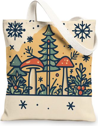 Generic Retro Christmas Mushroom Canvas Tote Bag for Shopping 13x15, Fun Vintage Xmas Plant Reusable Grocery Print Pattern Bag for Women, Holiday New Year Bea