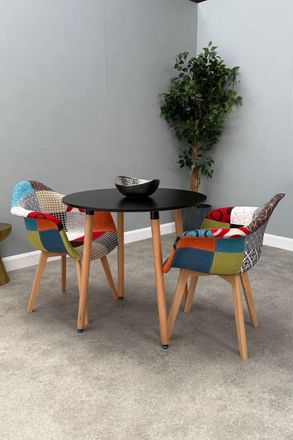 Life Interiors Patchwork Halo Dining Set for 2 - a Round Dining Table & Set of 2 Fabric Dining Chairs with Armrests in Black