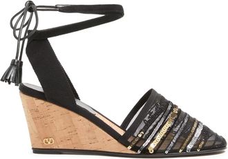 Valentino Garavani 75mm La Cruisette sequin-detailed wedge-heeled sandals - women - Cotton/Viscose/Calf Leather/Viscose/Cotton/Calf Leather - 42
