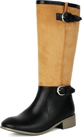 Generic Womens Round Toe Colorblock Knee High Riding Boots Fashion Buckles Decor Pull On Casual Winter Motorcycle Shoes (Black,5.5)