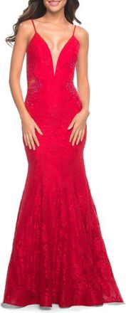 La Femme Long Mermaid Lace Dress with Back Rhinestone Detail in Red at Nordstrom, Size 14