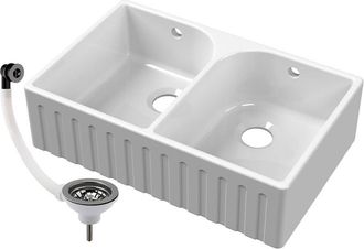 Balterley Fireclay Double Bowl Fluted Front Butler Kitchen Sink, Brushed Pewter in White