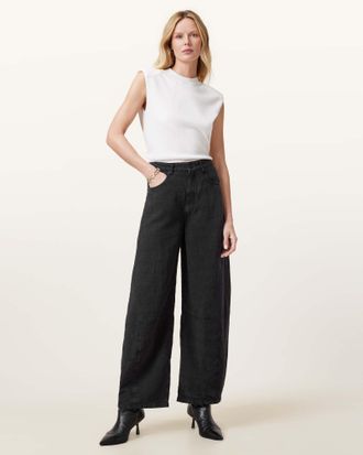 AllSaints Lyocell/Linen Jett Barrel Leg Linen Blend Trousers, Size: UK 14/US 10