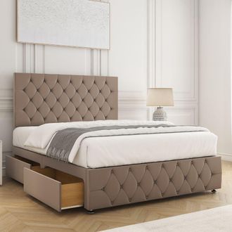 Fimous BSSPOKE Mulberry Divan Bed Plush 24 Headboard 2 Drawers Same Side & Mattress in Bronze | Size: Super King
