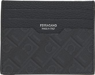Ferragamo Zwarte leren kaarthouder met logo - Heren - Portefeuilles - Zwart - ONE Size - Leer - Accessoires