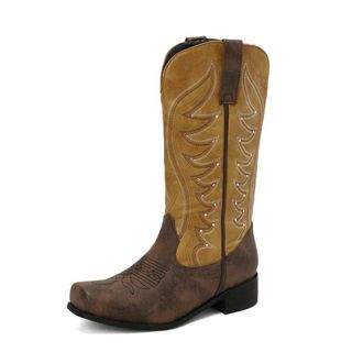 Generic Womens Embroidered Western Boots with Square Toe and Flat Block Heel,for Everyday Comfort,Yellow,7.5 UK