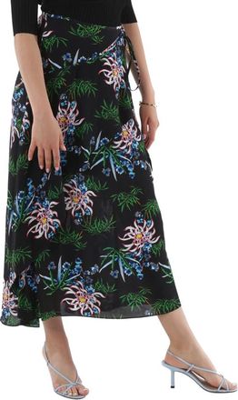 Kenzo Black Botanical-Print Wrap Skirt, Brand Size 34 (US Size 2)