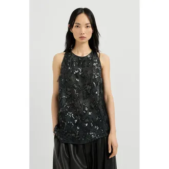 Brunello Cucinelli Crispy silk top with dazzling lynx embroidery in Lignite at Nordstrom, Size Xx-Large