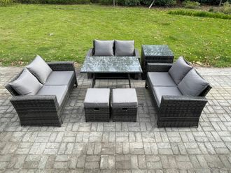 Fimous 7 PCS Outdoor Lounge Sofa Set Wicker PE Rattan Garden Furniture Set with Rectangular Dining Table Love Seat Sofa in Dark Grey
