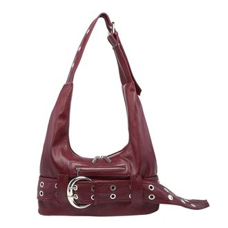 Generic PU Leather Belt Buckle Handbag Vintage Shoulder Bag Y2k Tote Bag (Wine Red)