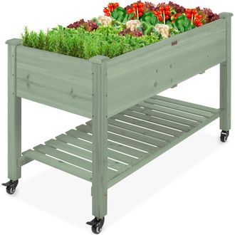 Best Choice Products Raised Garden Bed 48x23x32in Wood Mobile Elevated Planter w/ Wheel Locks, Shelf, Liner