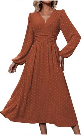 Generic Maxi Dresses for Women UK Elegant Ladies Spring Summer Dresses Chiffon V Neck Lantern Long Sleeve Dress Solid Color Swiss Dot High Waist Casual Long S