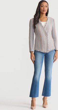 Misook Asymmetrical Fringe Trim Knit Jacket in Biscotti/powder Blue at Nordstrom, Size 1 X