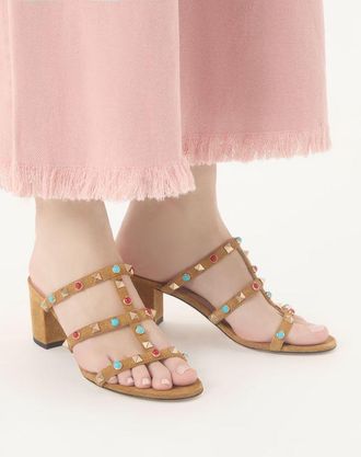 Valentino Garavani Sandalo Slide Rockstud In Crosta Con Pietre Cabochon 60Mm Donna HAVANA BEIGE 35.5