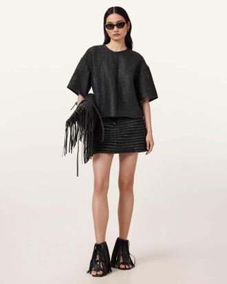 AllSaints Sheep Leather Krindle Leather Mini Skirt, Size: UK 16/US 12