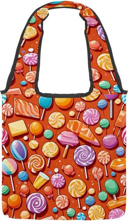 Generic Orange Candy Pattern Reversible Canvas Shoulder Tote - Double-Sided Print, 12oz Cotton, 27cm Drop, Fold-Flat Bag for Travel, Shopping, Street Outings