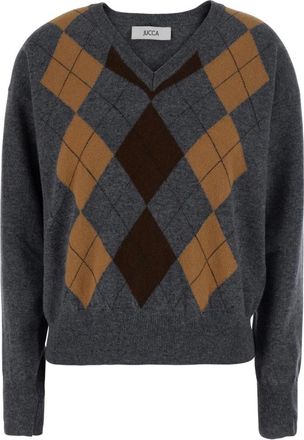 Jucca Trui met V-hals en Argyle Patroon - Dames - V-hals truien - Grijs - S - Wol - Truien & Vesten